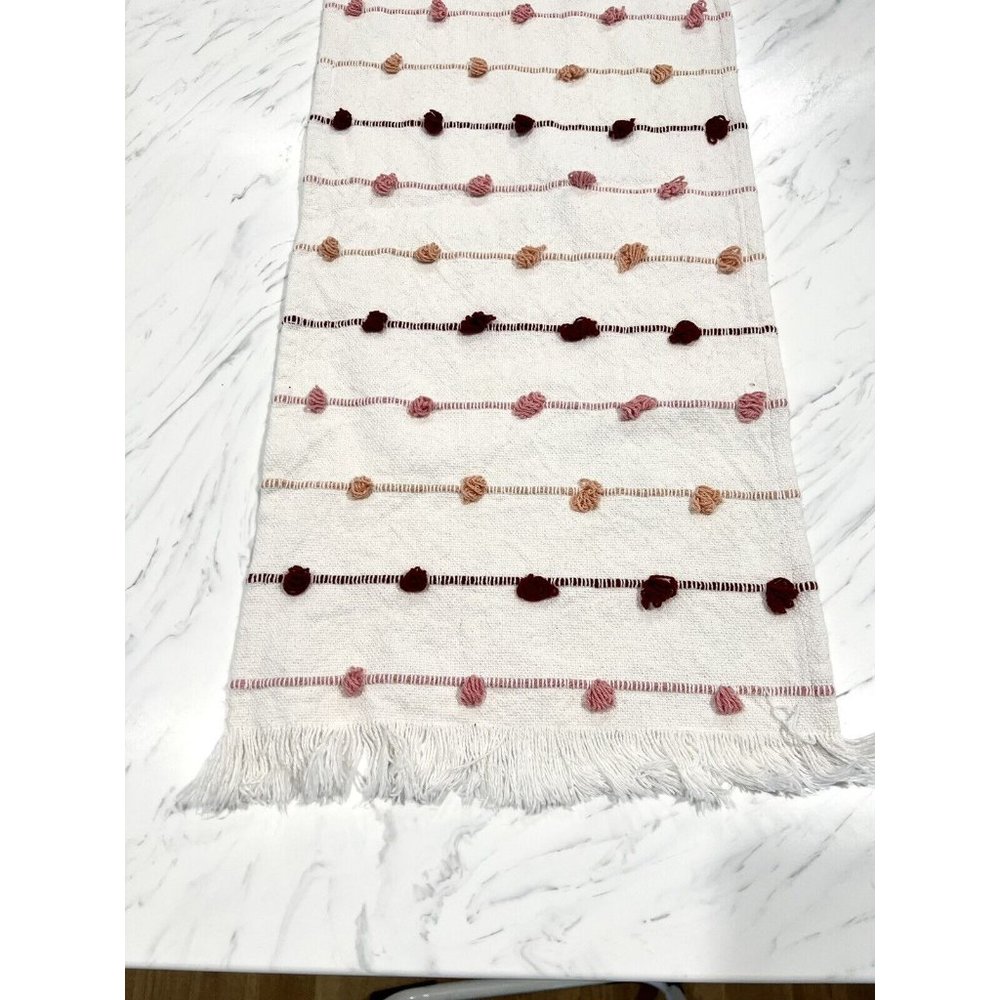 White Cotton Woven Table Runner with Pink Peach Burgundy Strips & Baubles 64"